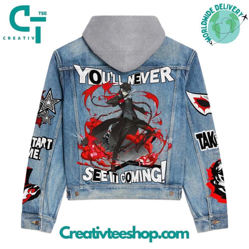 Persona5 you ll never see it coming hooded denim jacket creativteeshop