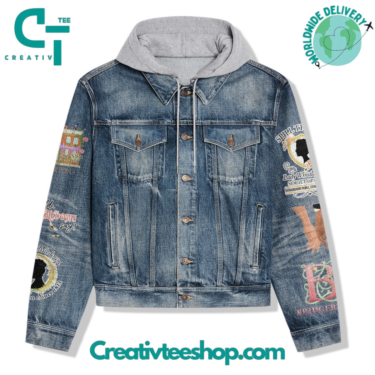 Bridgerton I Get My Tea From Lady Whistledown Hooded Denim Jacket