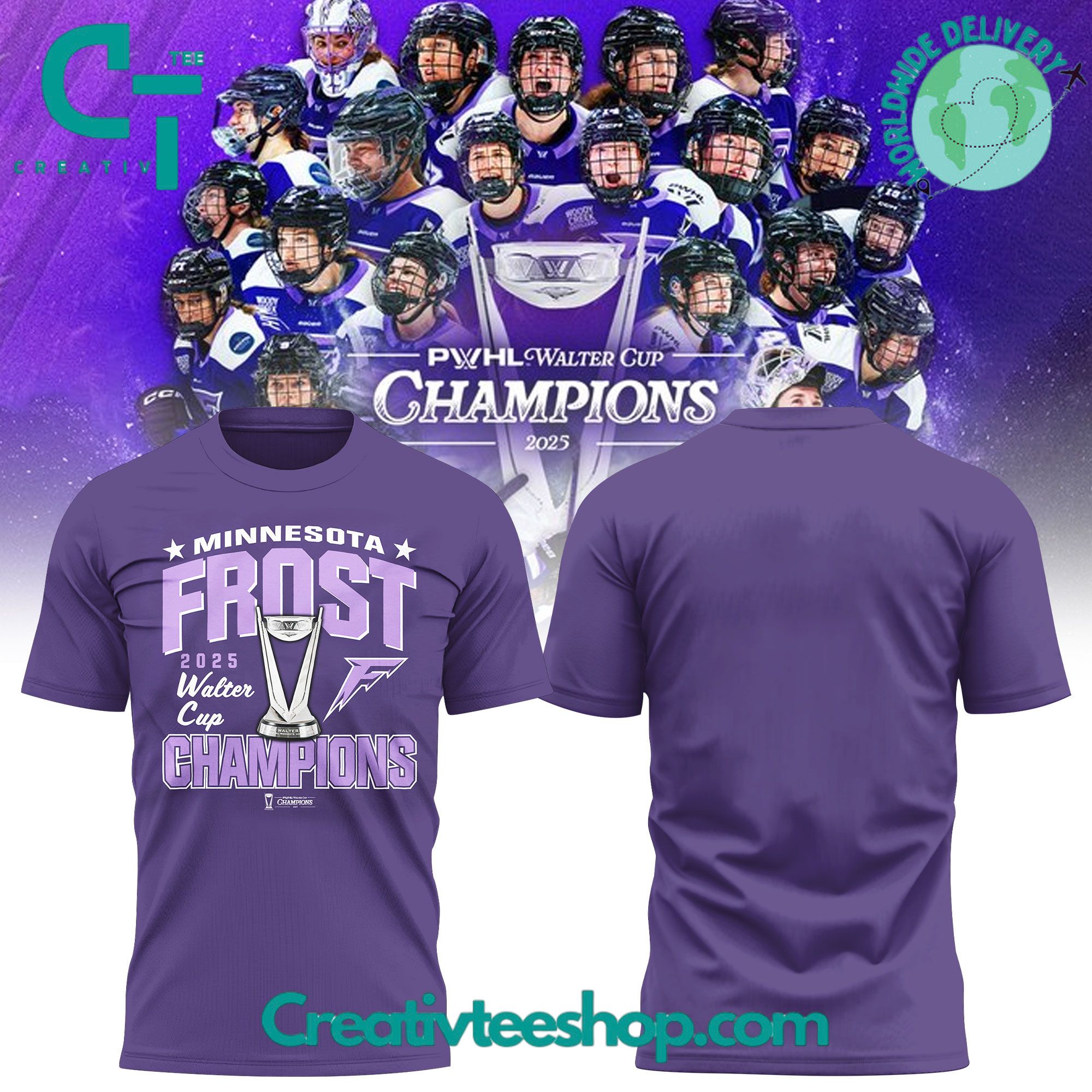 PWHL Minnesota Frost Walter Cup Champions 2025 Tee