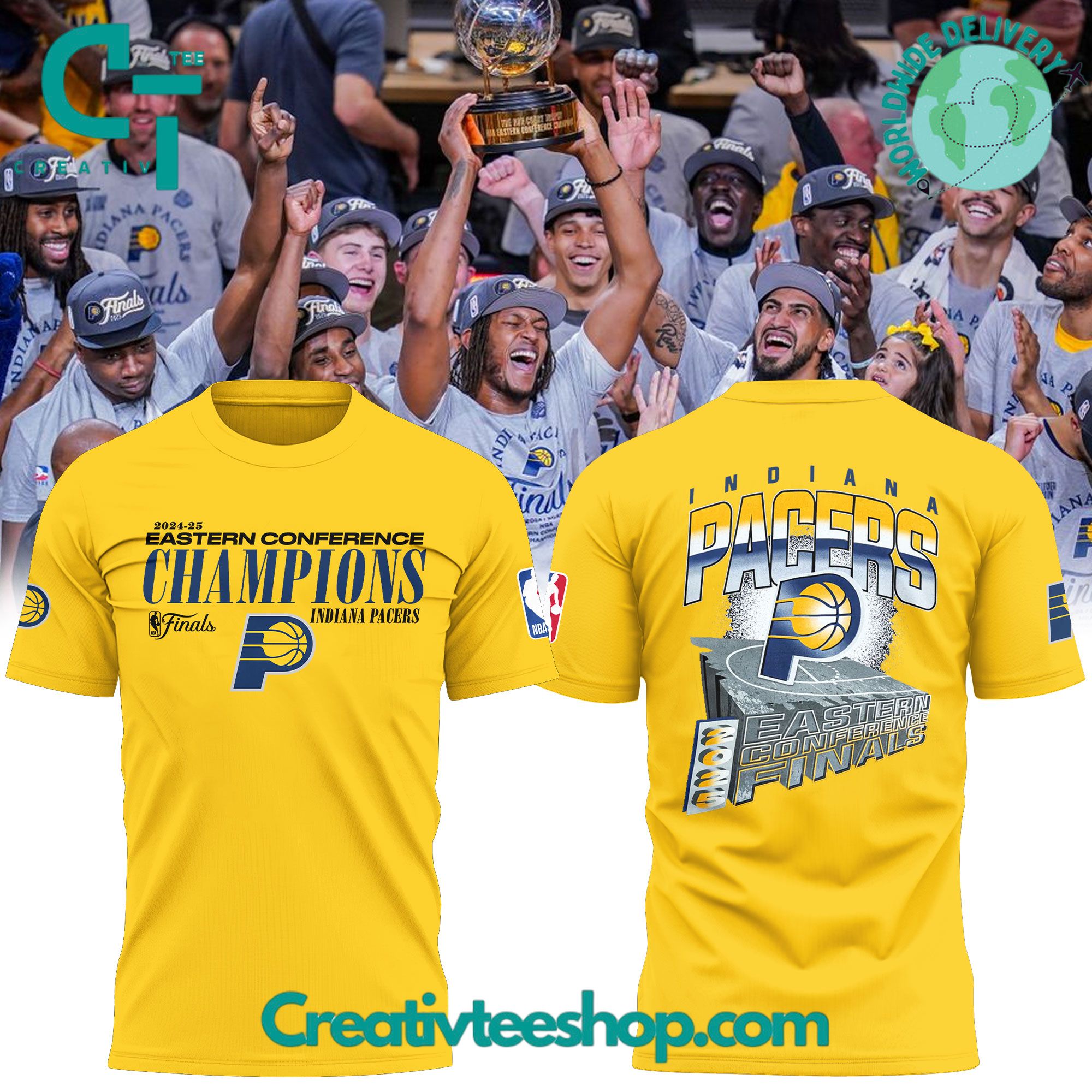 Indiana Pacers 2024-25 Eastern Conference Champions Yellow Tee