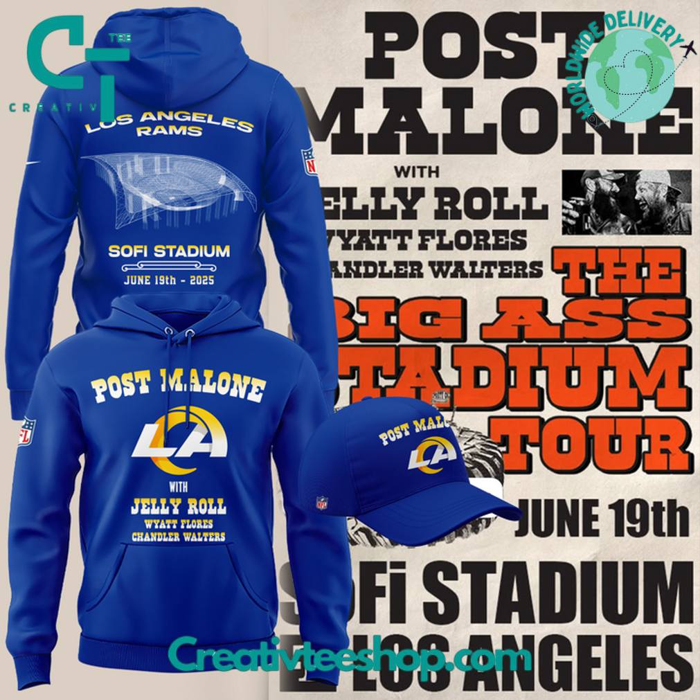 Los Angeles Rams x Post Malone The Big Ass Stadium Tour 2025 Special Blue Hoodie