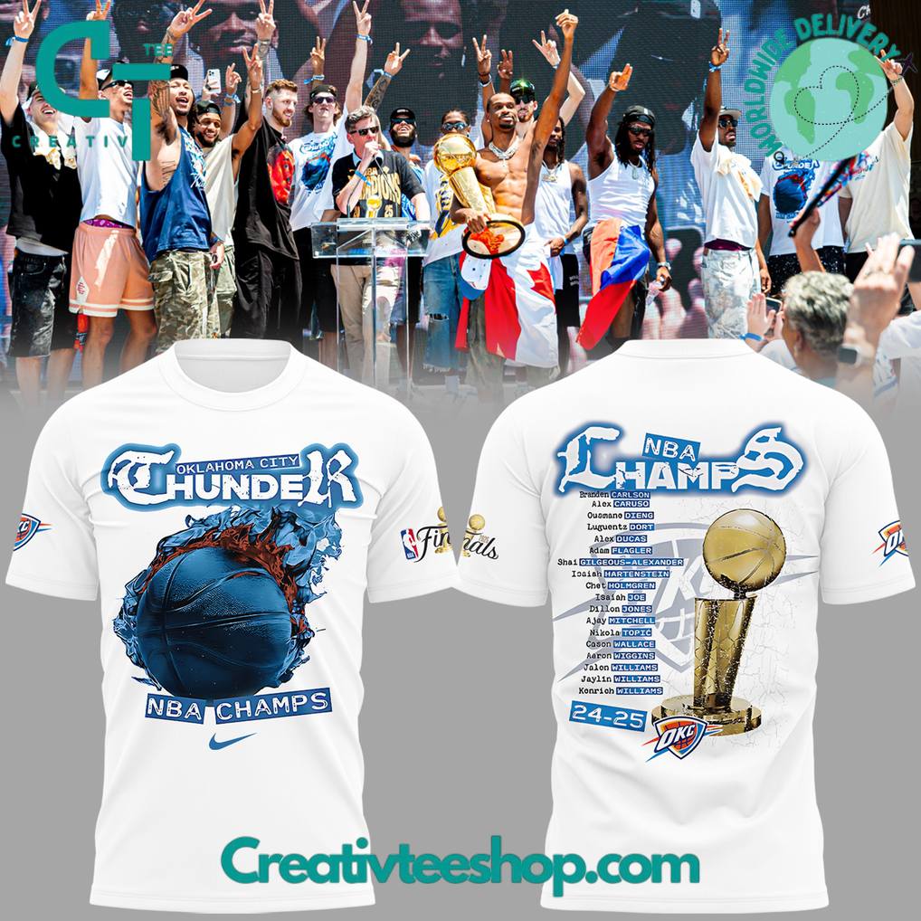 Oklahoma City Thunder 2025 NBA Champs Celebration White Tee