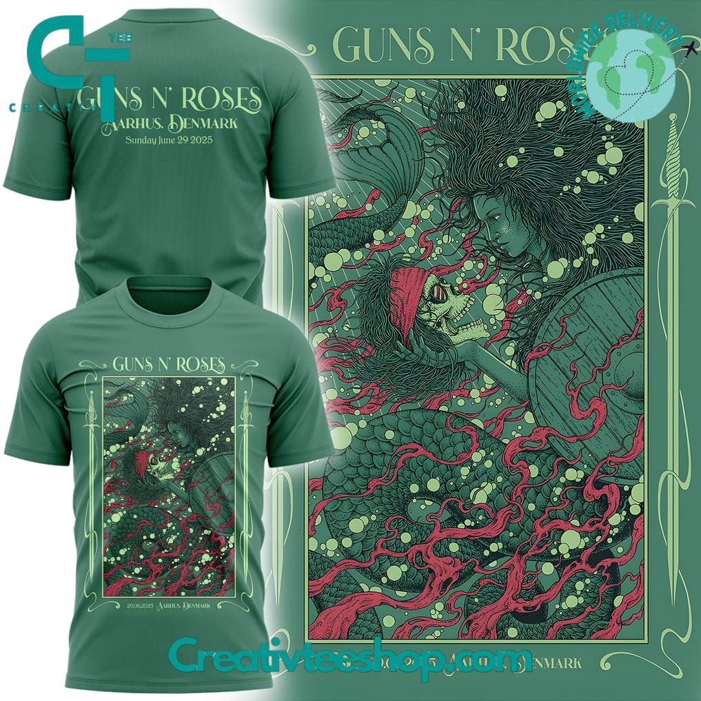 Guns N Roses World Tour to Aarhus 2025 Limited Edition Green Shirt