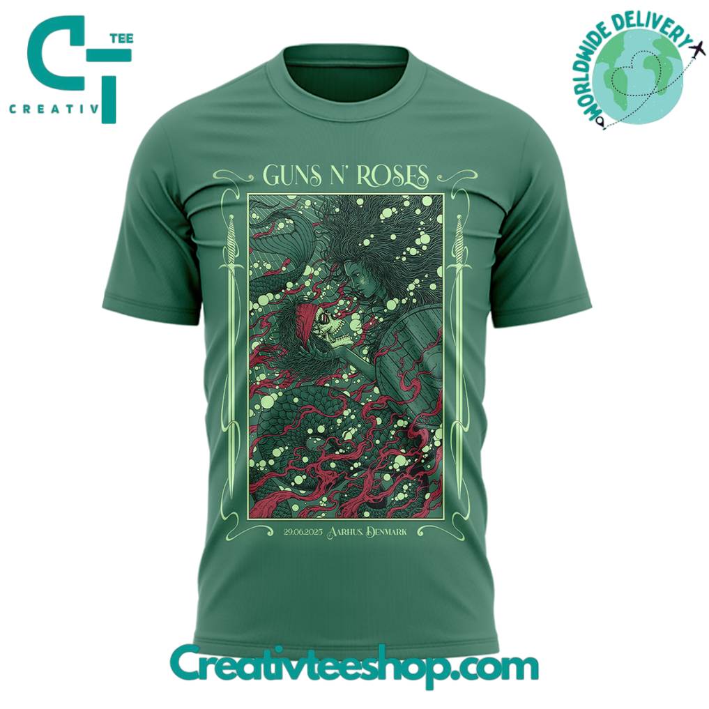 Guns N Roses World Tour to Aarhus 2025 Limited Edition Green Shirt