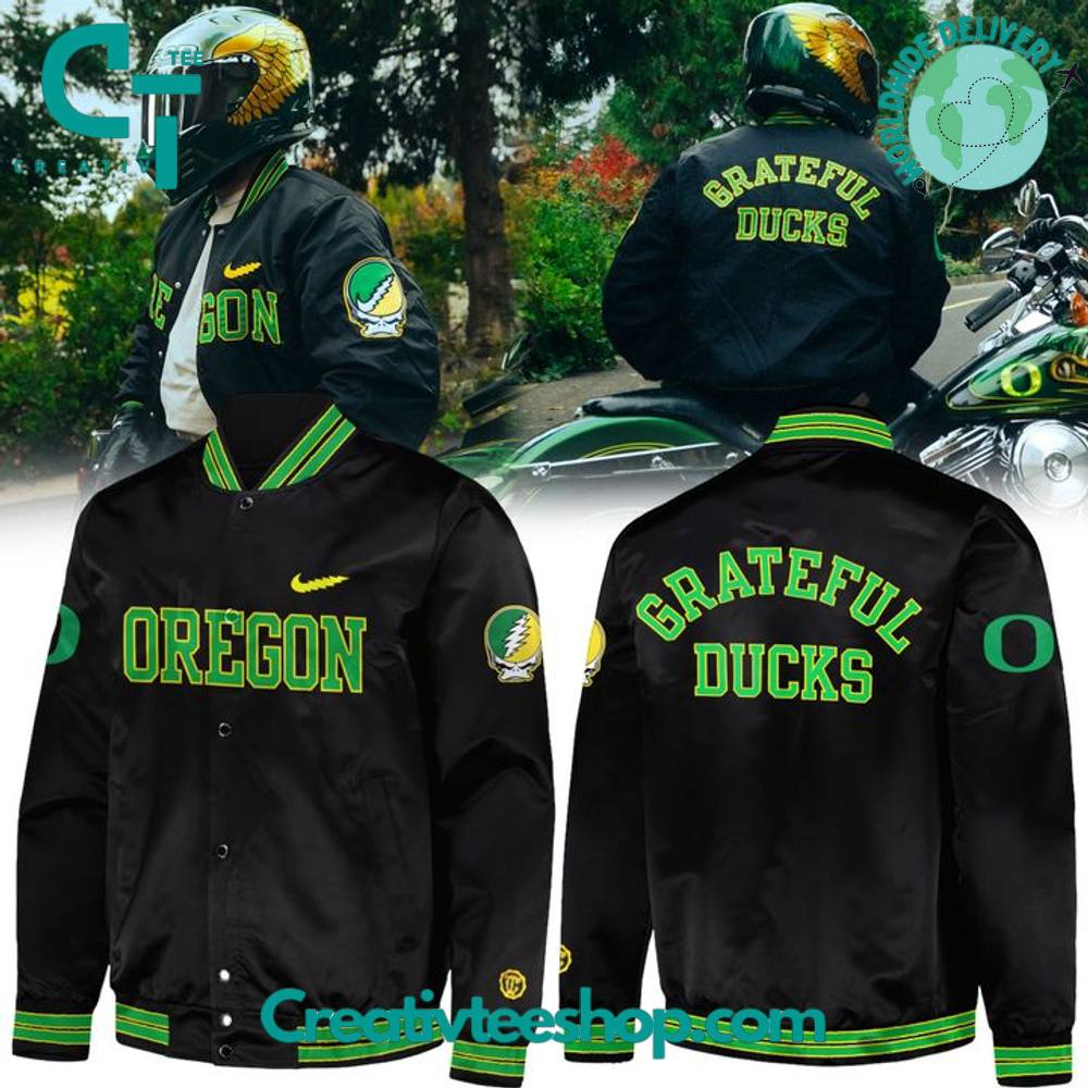 Grateful Dead x Oregon Duck Football Black Bomber Jacket Grateful Dead x Oregon Duck Football Black Bomber Jacket
